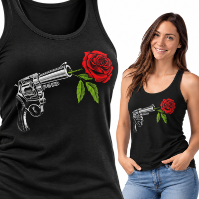 TANK TOP DAMSKI HORROR REWOLWER Z RÓŻĄ